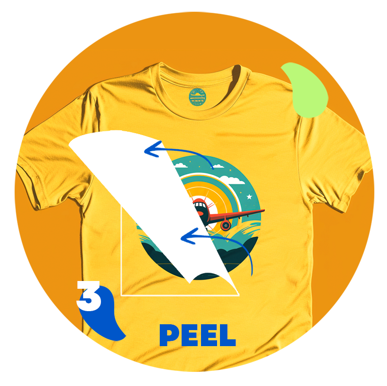 Peeling the film off a custom DTF transfer on a yellow t-shirt, revealing the design.