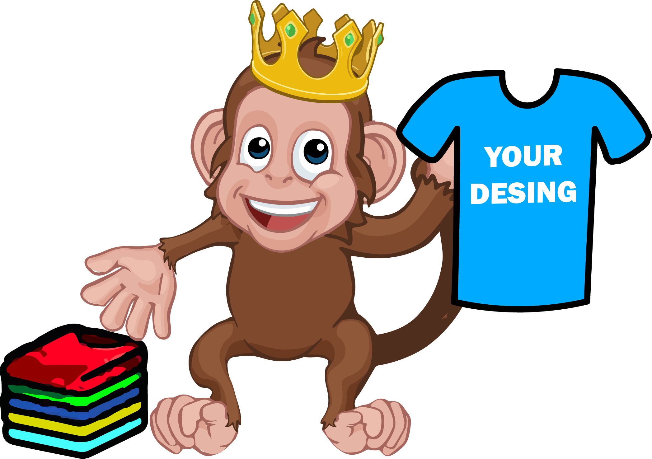 artoon monkey mascot advertising custom DTF transfers available by size.